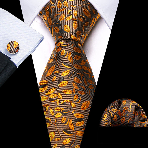 Brown Golden Floral Silk Men's Necktie Pocket Square Cufflinks Set