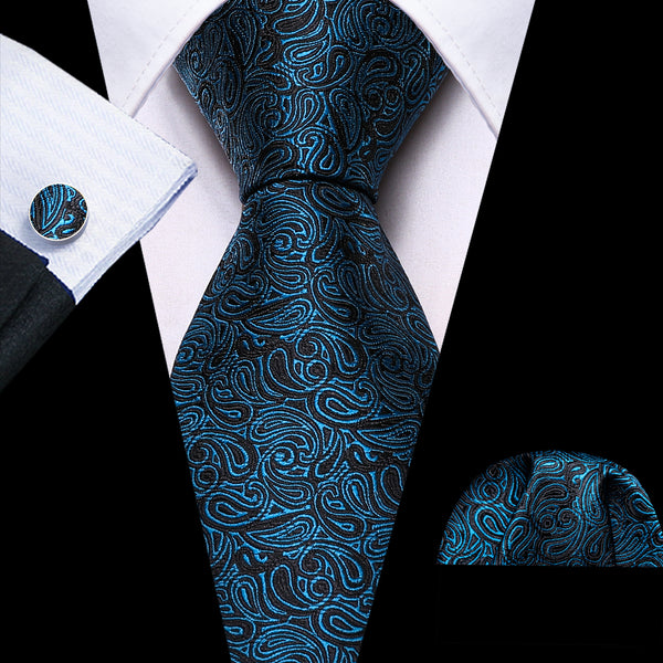 Blue Black Paisley Silk Men's Necktie Pocket Square Cufflinks Set