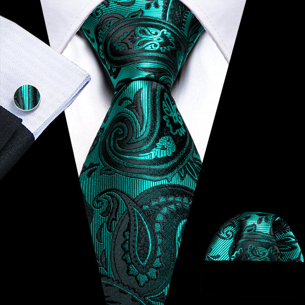 Black Lake Green Paisley Silk Men's Necktie Pocket Square Cufflinks Set