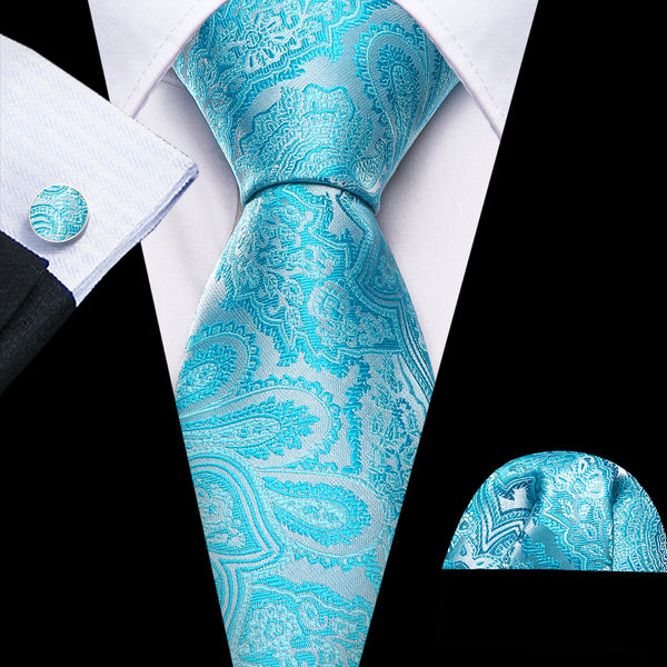 Sky Blue Paisley Silk Men's Necktie Pocket Square Cufflinks Set
