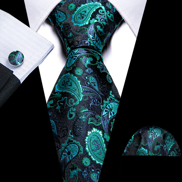 Black Lake Blue Paisley Silk Men's Necktie Pocket Square Cufflinks Set