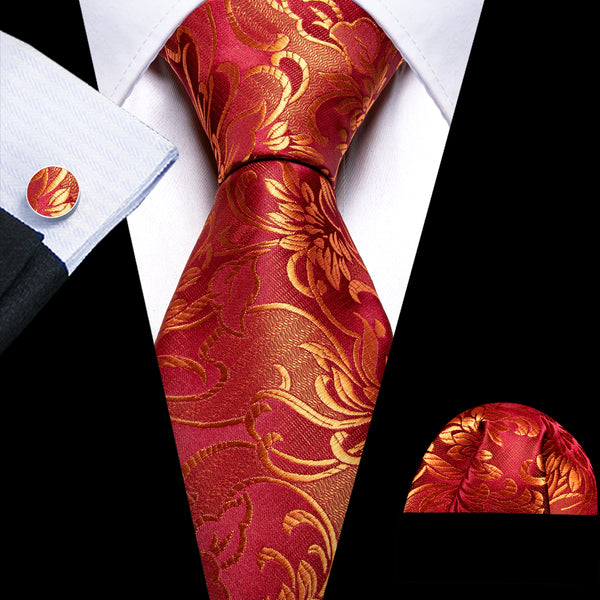 Golden Red Floral Silk Men's Necktie Pocket Square Cufflinks Set