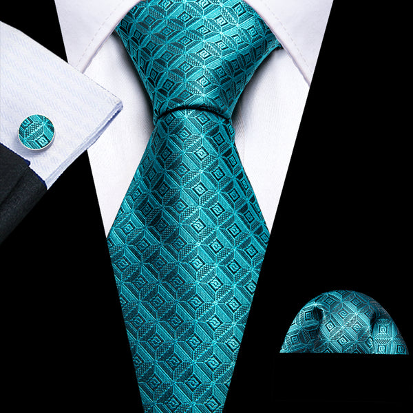 Lake Blue Plaid Silk Men's Necktie Pocket Square Cufflinks Set