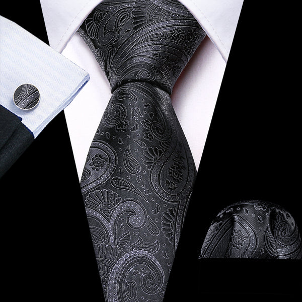 Black Grey Paisley Silk Men's Necktie Pocket Square Cufflinks Set