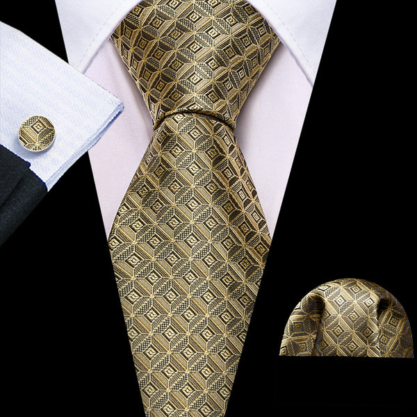 Champagne Golden Plaid Silk Men's Necktie Pocket Square Cufflinks Set