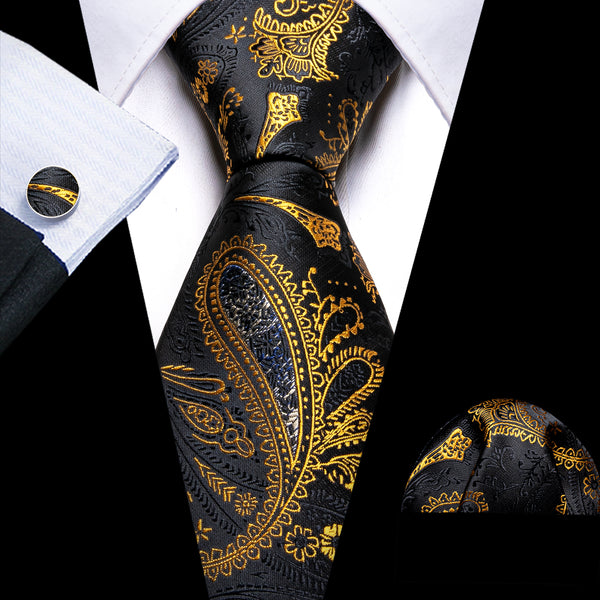Luxury Black Golden Paisley Silk Men's Necktie Pocket Square Cufflinks Set