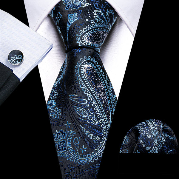 Black Light Blue Paisley Silk Men's Necktie Pocket Square Cufflinks Set