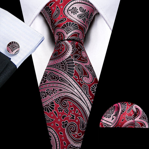 Black Red Paisley Silk Men's Necktie Pocket Square Cufflinks Set