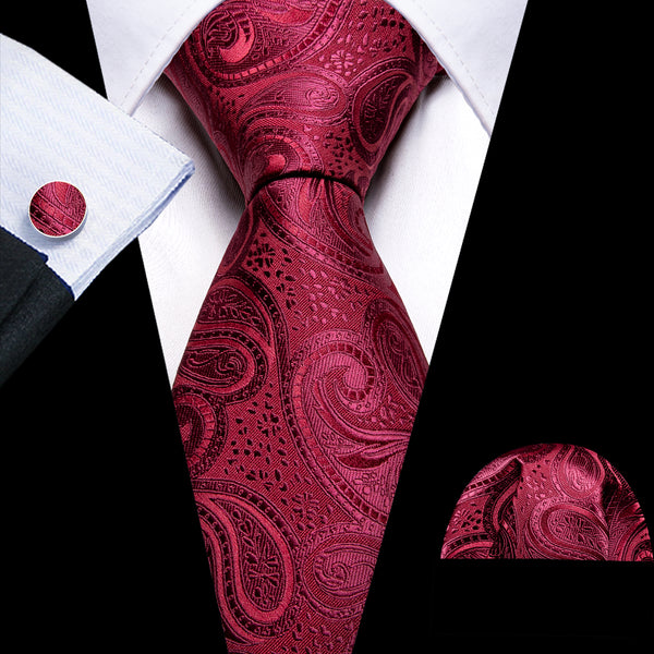 Burgundy Paisley Silk Men's Necktie Pocket Square Cufflinks Set