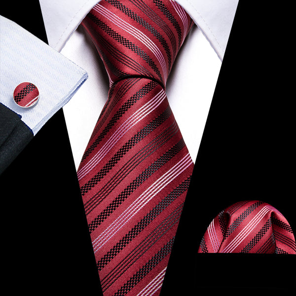 New Black Red Striped Silk Men's Necktie Pocket Square Cufflinks Set