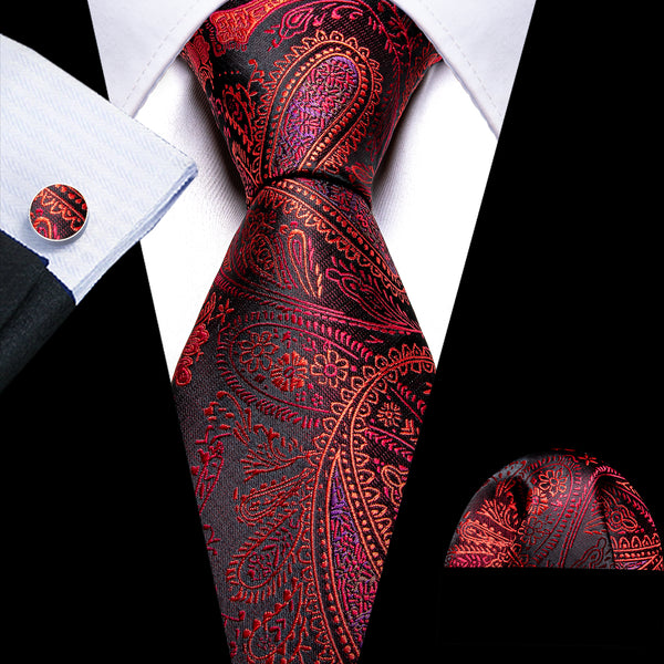 Black Red Gradient Paisley Silk Men's Necktie Pocket Square Cufflinks Set