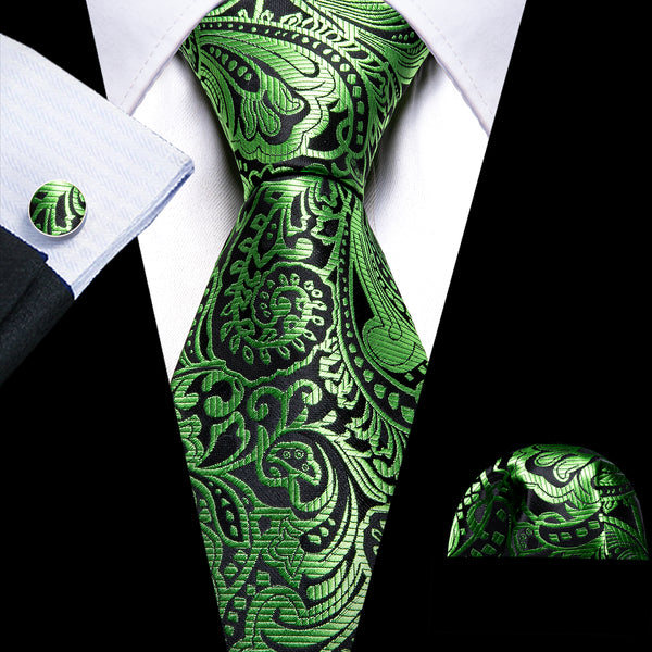 Black Green Paisley Silk Men's Necktie Pocket Square Cufflinks Set