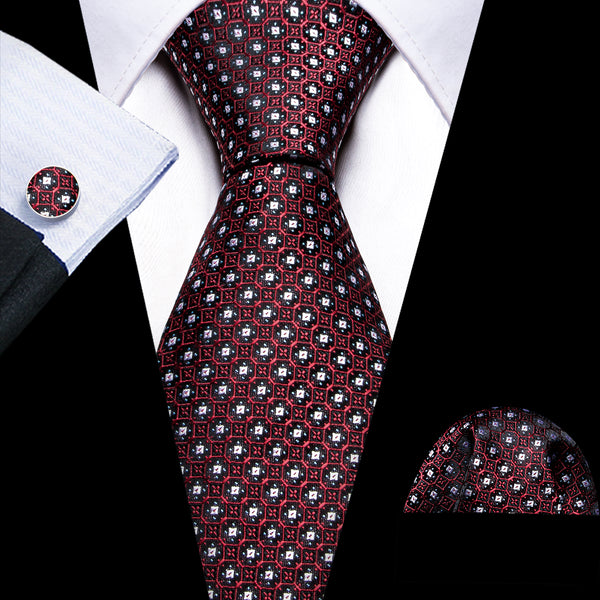 Black Red White Plaid Silk Men's Necktie Pocket Square Cufflinks Set