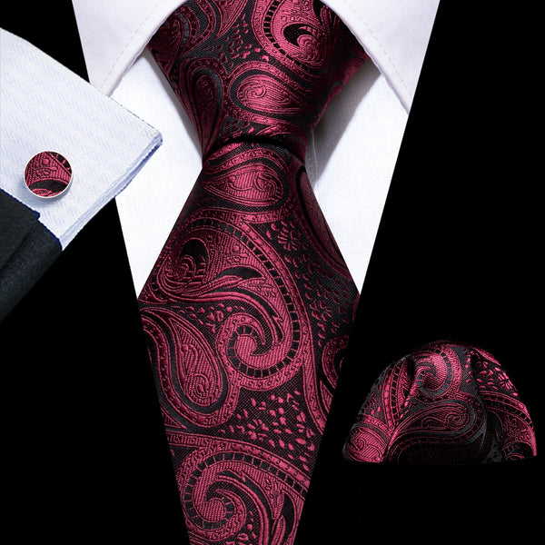 Dark Red Paisley Silk Men's Necktie Pocket Square Cufflinks Set