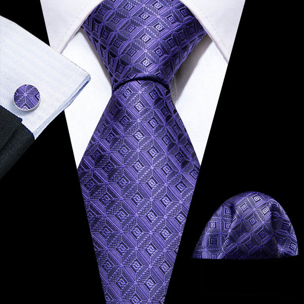 Purple Plaid Silk Men's Necktie Pocket Square Cufflinks Set