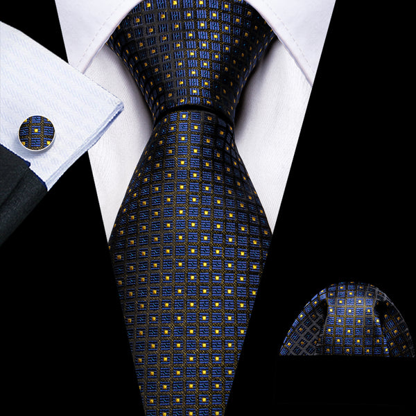 Blue Brown Plaid Silk Men's Necktie Pocket Square Cufflinks Set