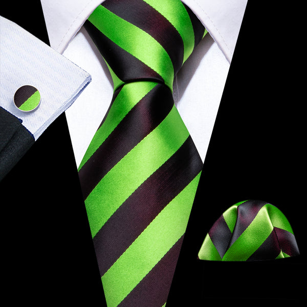 Fluorescent Green Brown Striped Silk Men's Necktie Pocket Square Cufflinks Set
