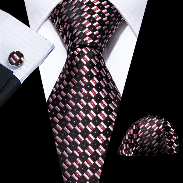 Black Pink Plaid Silk Men's Necktie Pocket Square Cufflinks Set