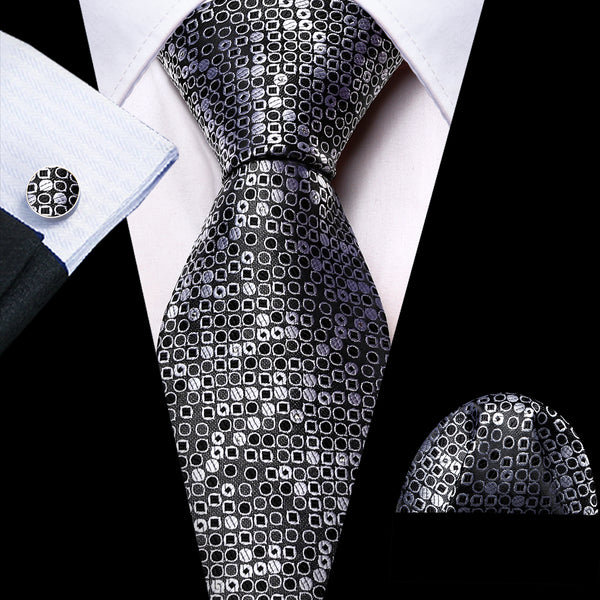 Grey White Novelty Silk Men's Necktie Pocket Square Cufflinks Set