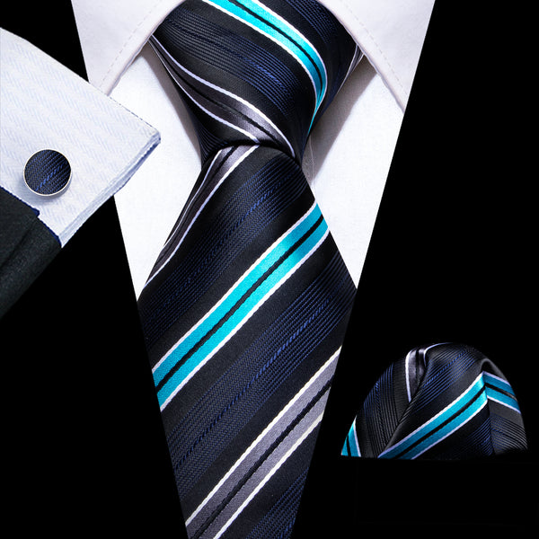 Dark Blue Striped Silk Men's Necktie Pocket Square Cufflinks Set