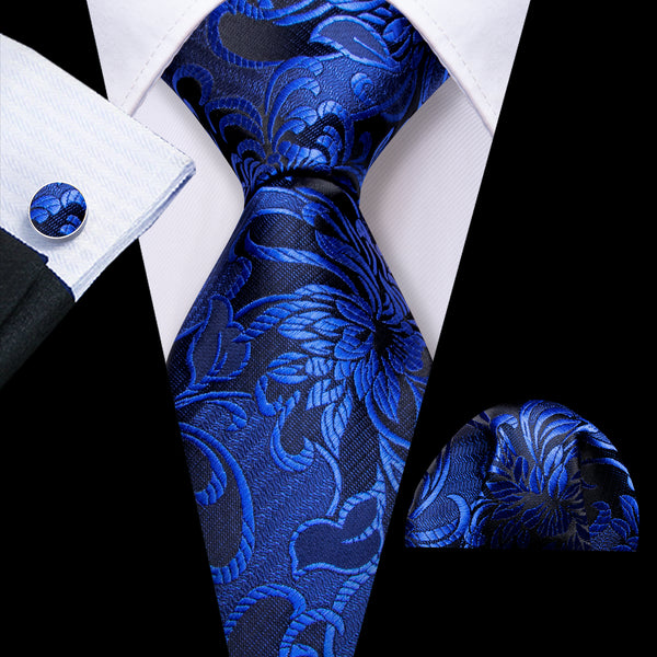 Royal Blue Floral Silk Men's Necktie Pocket Square Cufflinks Set