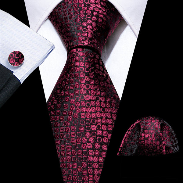 Burgundy Red Novelty Silk Men's Necktie Pocket Square Cufflinks Set