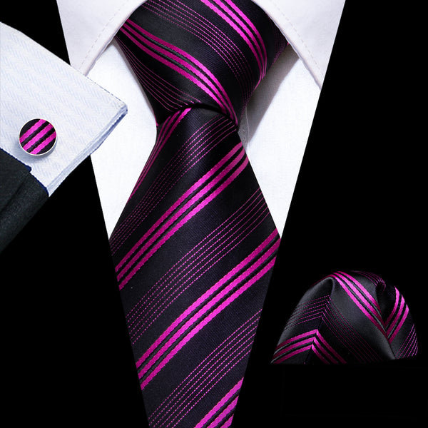 Rose Purple Striped Silk Men's Necktie Pocket Square Cufflinks Set