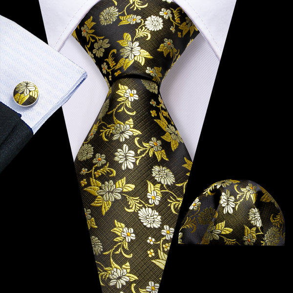 Brown Yellow Floral Silk Men's Necktie Pocket Square Cufflinks Set