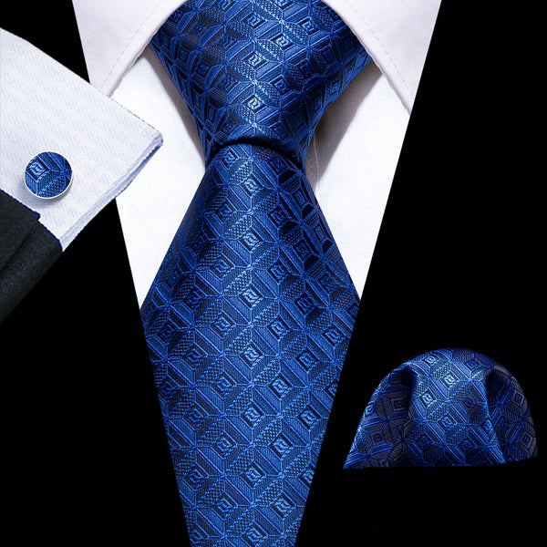 Blue Plaid Silk Men's Necktie Pocket Square Cufflinks Set
