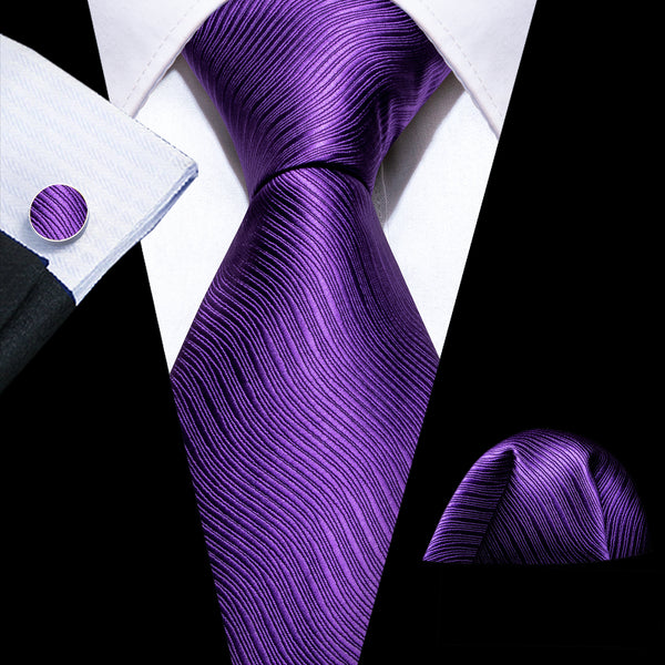 Dark Purple Wave Striped Silk Men's Necktie Pocket Square Cufflinks Set