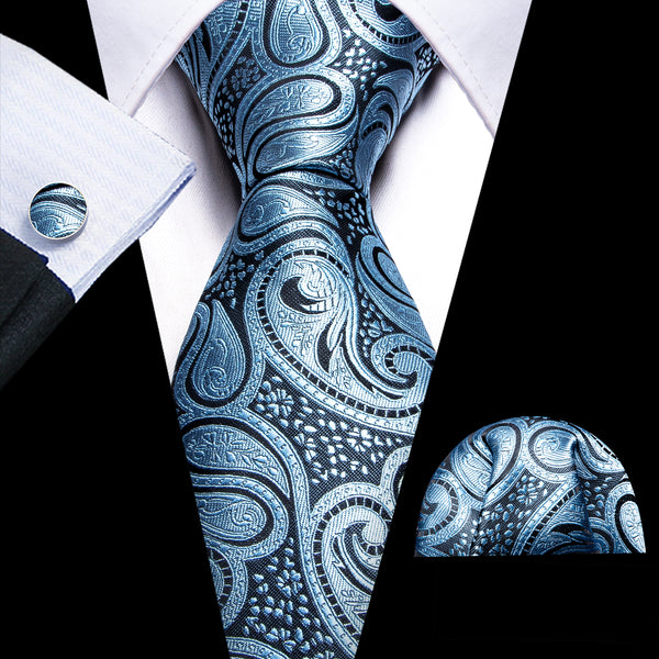 Blue Black Paisley Men's Tie Set Tie Pocket Square Cufflinks Set