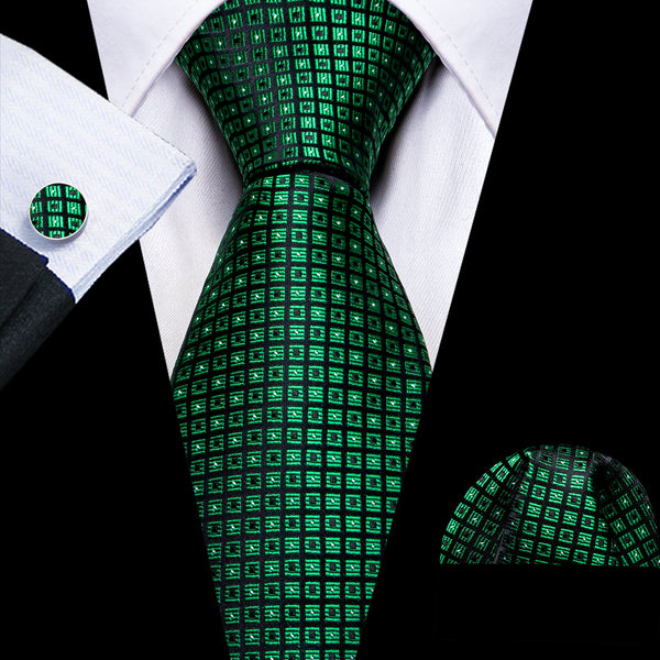 Green Plaid Silk Men's Necktie Pocket Square Cufflinks Set