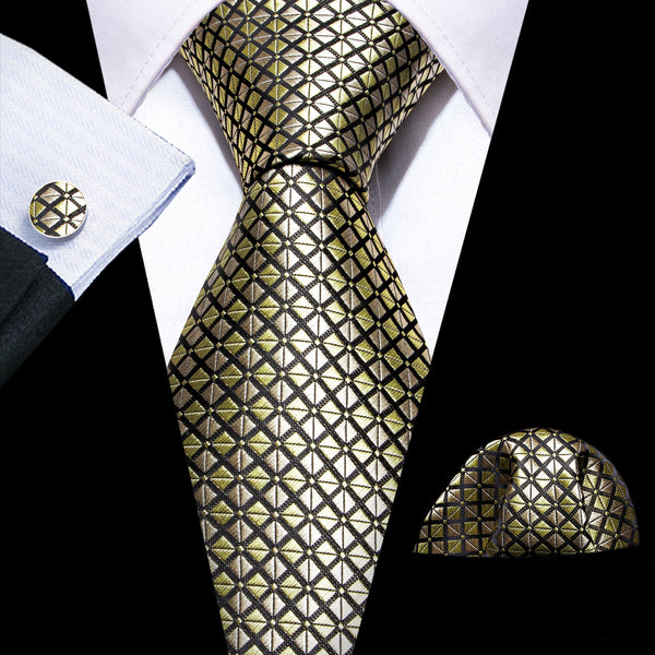 Champagne Plaid Silk Men's Necktie Pocket Square Cufflinks Set