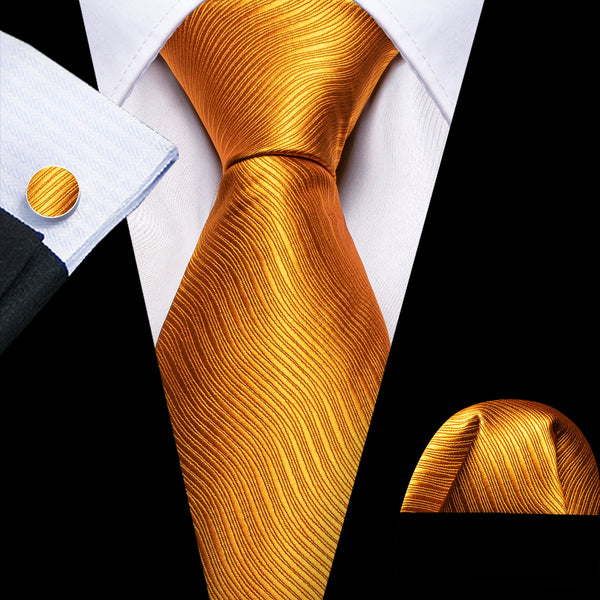 Golden Wave Striped Silk Men's Necktie Pocket Square Cufflinks Set
