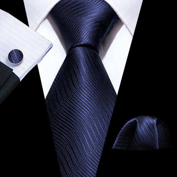 Dark Blue Wave Striped Silk Men's Necktie Pocket Square Cufflinks Set
