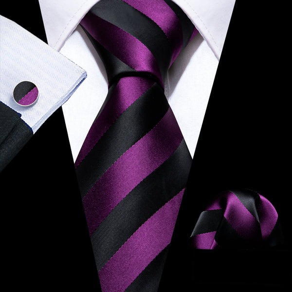 Black Purple Striped Silk Men's Necktie Pocket Square Cufflinks Set