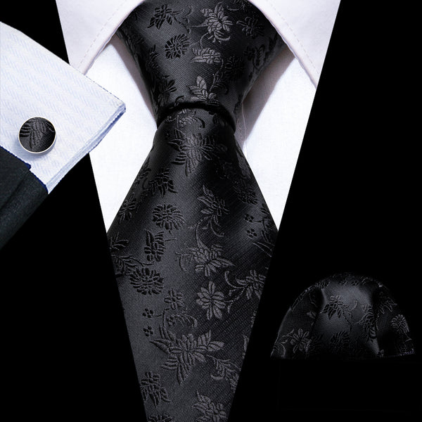 Black Floral Silk Men's Necktie Pocket Square Cufflinks Set