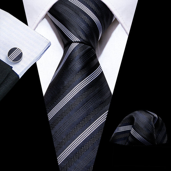 Black White Striped Silk Men's Necktie Pocket Square Cufflinks Set