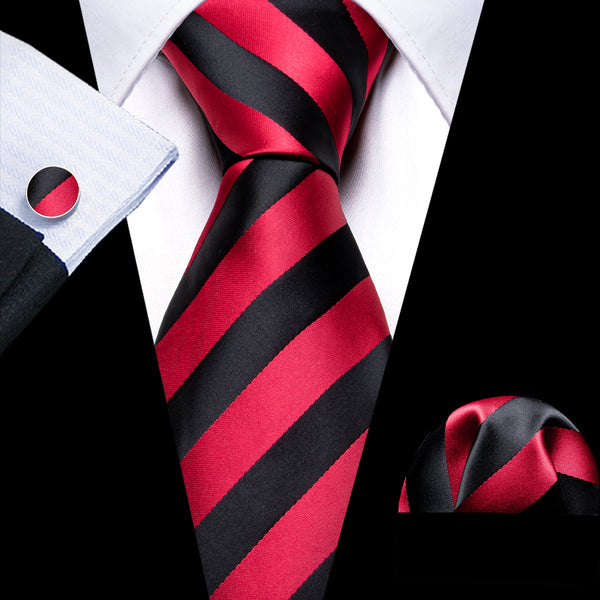 Red Black Striped Silk Men's Necktie Pocket Square Cufflinks Set
