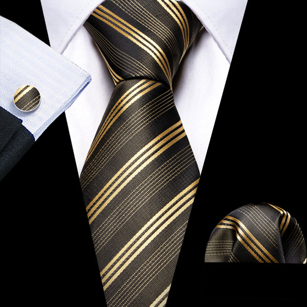 Brown Champagne Striped Silk Men's Necktie Pocket Square Cufflinks Set