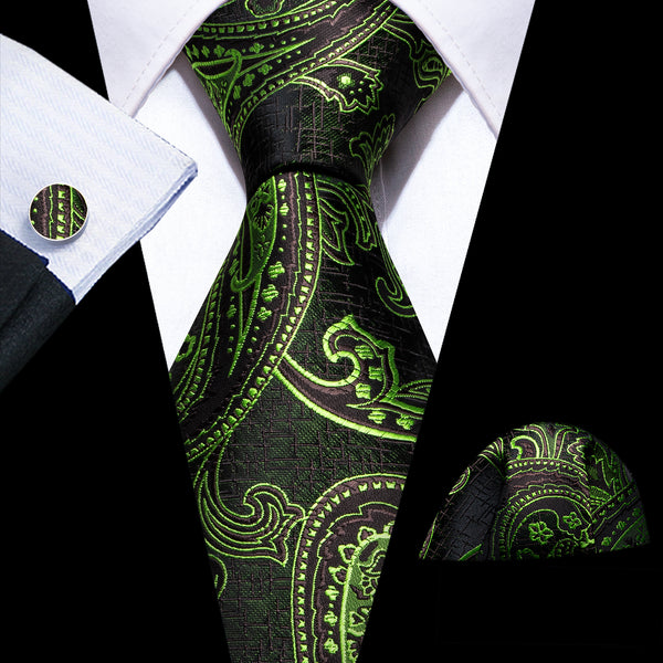 Green Paisley Silk Men's Necktie Pocket Square Cufflinks Set