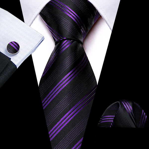 Black Purple Striped Silk Men's Necktie Pocket Square Cufflinks Set
