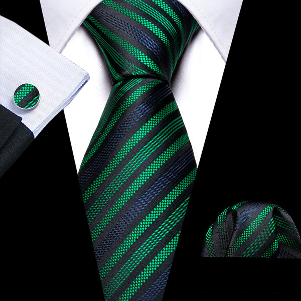 Black Green Striped Silk Men's Necktie Pocket Square Cufflinks Set