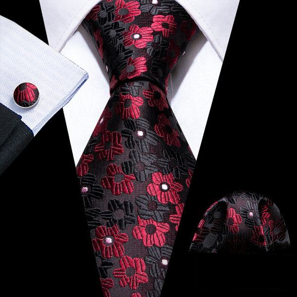 Dark Red Floral Silk Men's Necktie Pocket Square Cufflinks Set