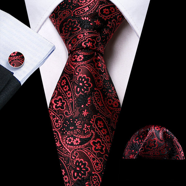 Dark Red Paisley Silk Men's Necktie Pocket Square Cufflinks Set