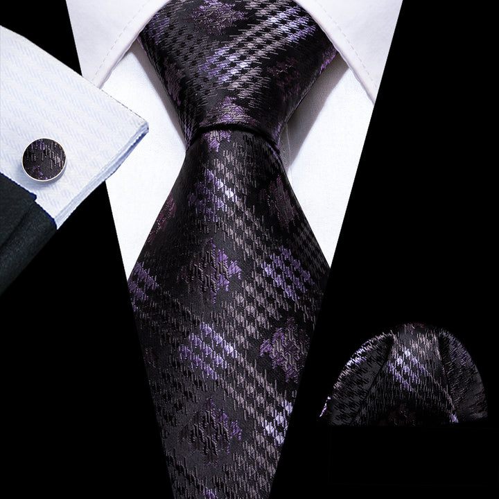 Black Purple Plaid Silk Men's Necktie 