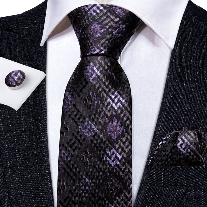 Black Purple Plaid Silk Men's Necktie 