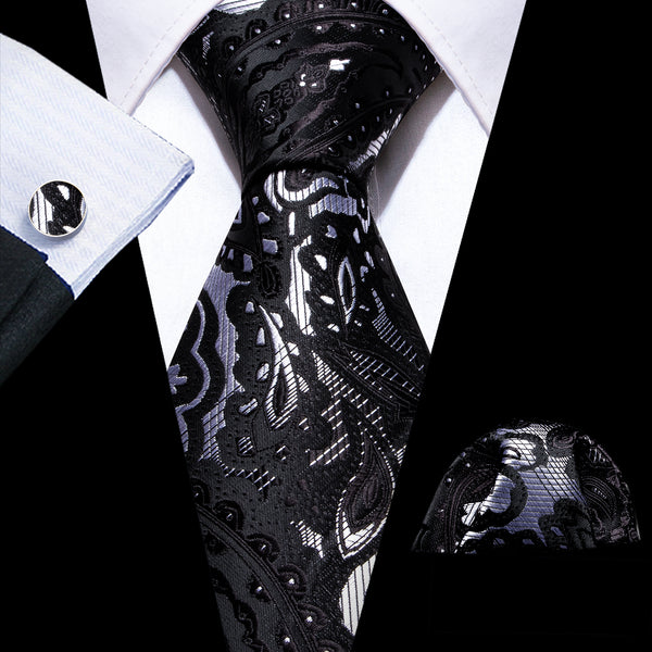 Silver Grey Black Paisley Silk Men's Necktie Pocket Square Cufflinks Set
