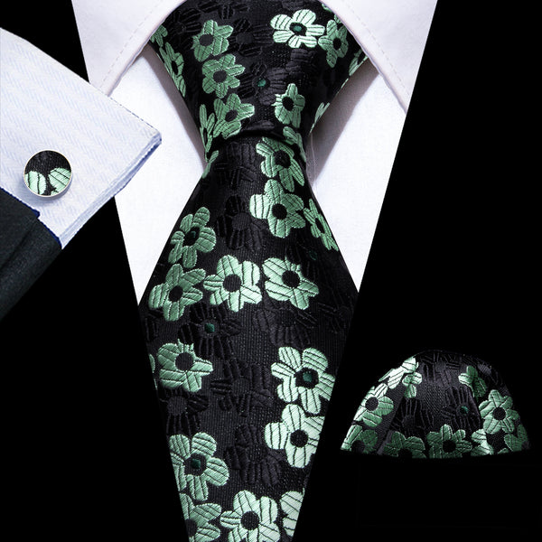 Black Mint Floral Silk Men's Necktie Pocket Square Cufflinks Set