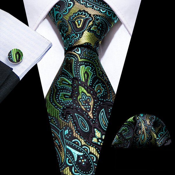 Gradient Green Black Paisley Silk Men's Necktie Pocket Square Cufflinks Set